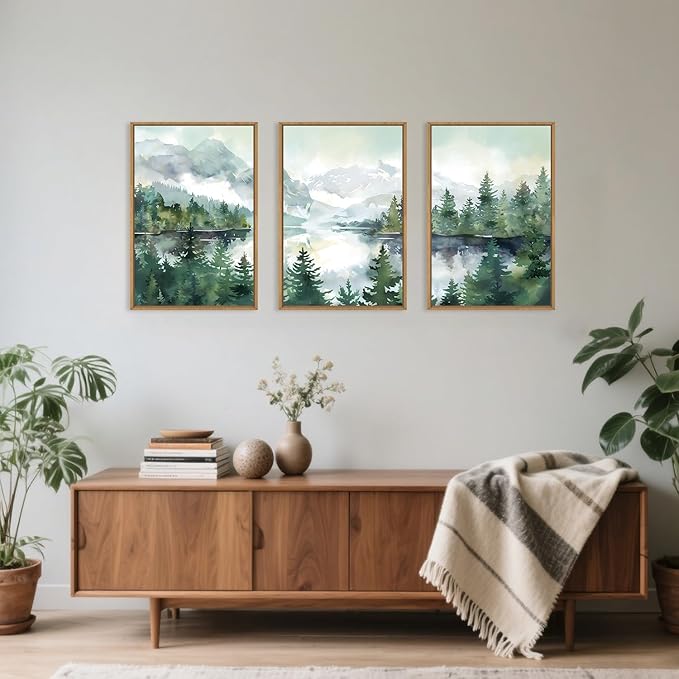 Watercolor Mountain Framed Canvas Wall Art Set, Boho Forest Wall Decor, Nature Green Pines Wall Painting, Forest Wilderness Artwork for Living Room, Bedroom, Dining Room, Office - 16"x24"x3