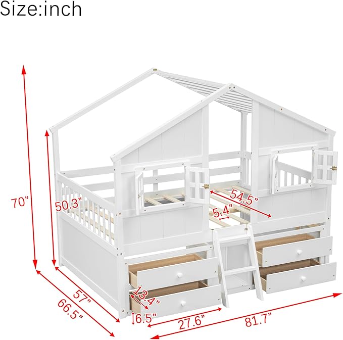 KEIKI Full Size Wooden House-Shaped Loft Bed with Roof, Windows, 4 Storage Drawers, Guardrail, Ladder, for Boys and Girls, Loft Bed with Slat, Easy Assembly, No Box Spring Required, for Bedroom, White