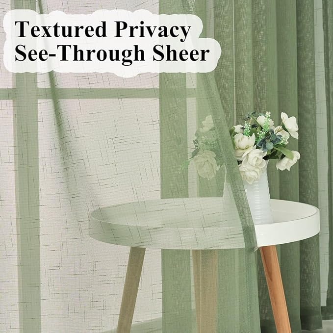 Sage Green Pinch Pleated Sheer Curtains 90 Inches Long 2 Panels, 50 Inches Width, Rustic Linen Look Light Filtering Drapes Decor, Thin Textured Transparent Window Curtain Panels
