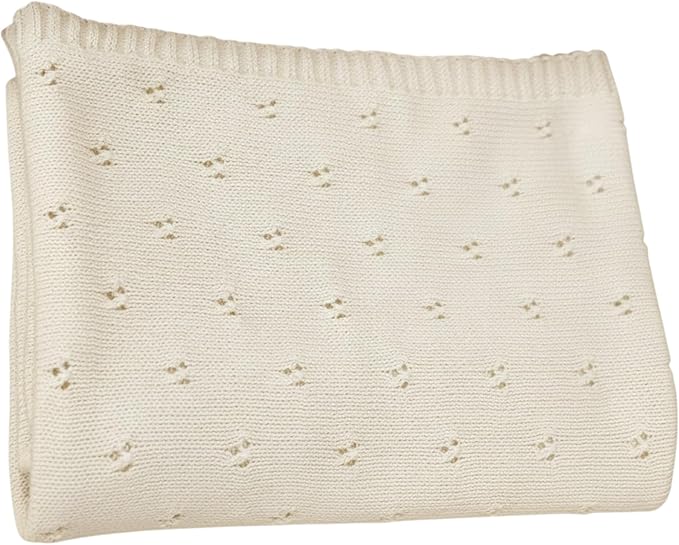 Baby Knit Blanket, 100% Cotton Eyelet Patterns, Soft, Cozy, Lightweight Swaddle for Newborn & Infant Swaddling Beige Neutral, Perfect Baby Shower Ideas Cream 30x40