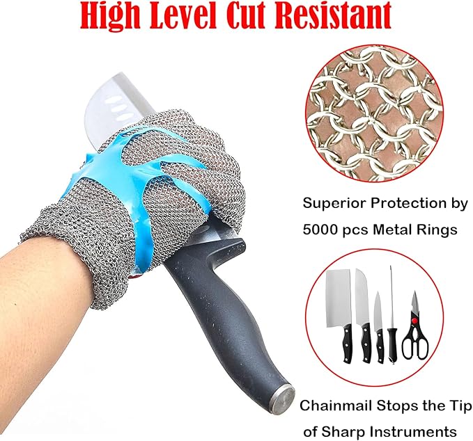 Highest Level Cut Resistant Gloves Food Grade,Chainmail Gloves for Cutting Meat&Food,Spring Wristband,Stainless Steel Metal Mesh Glove,Safety Work Cut Proof Glove for Chef/Butcher(S)