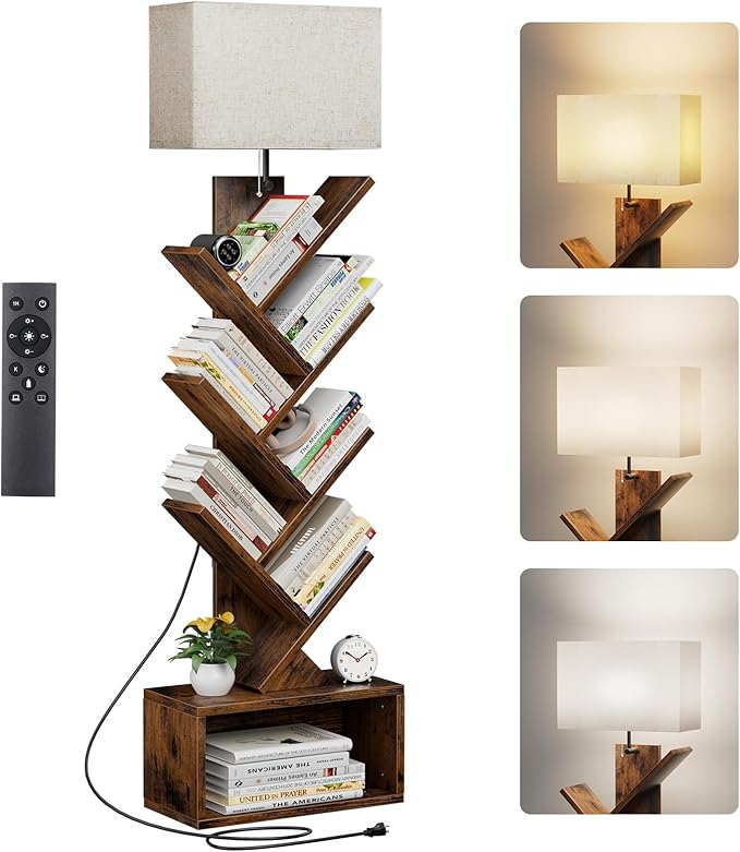 6 Tier Tree Bookshelf with Smart Light, Small Bookcase Tower with Remote Control, Tall Floor Standing Book Organizer for Living Room, Bedroom & Home Office, Rustic Brown