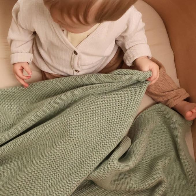 Knitted Organic Cotton Baby Blanket- Swaddle Blanket, 30" x 40" Soft Receiving Blanket for Newborn (Roman Green)