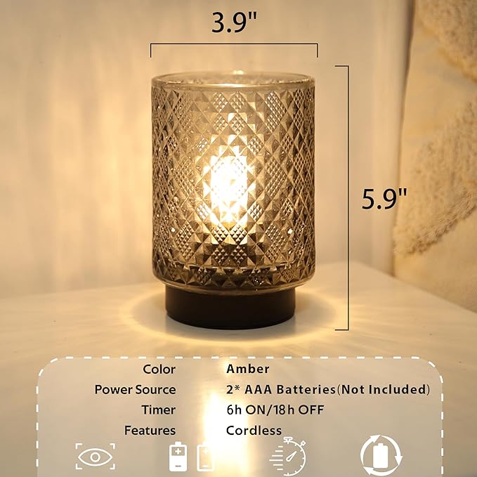 Battery Operated Lamp with Timer, Decorative Small Table Lamp, Glass Cordless