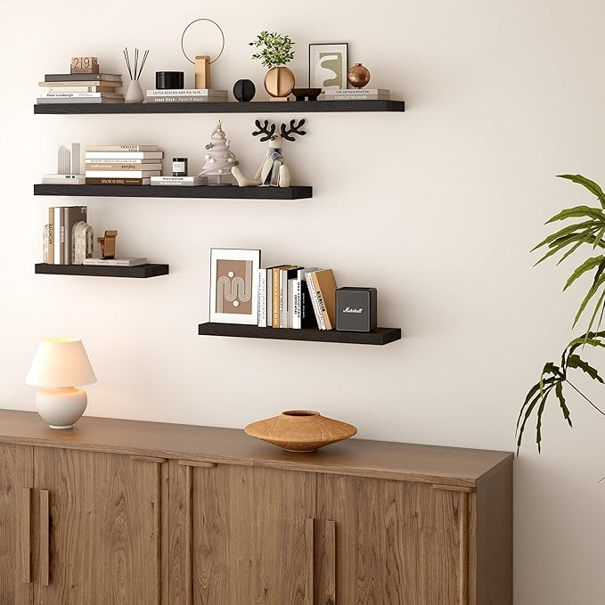 BGMG Wood Floating Shelves 48 inch, Wide Rustic Wooden Wall Shelves for Bathroom Living Room Bedroom Kitchen Farmhouse Set of 2-48x 6.7 x1.25 inch- Black