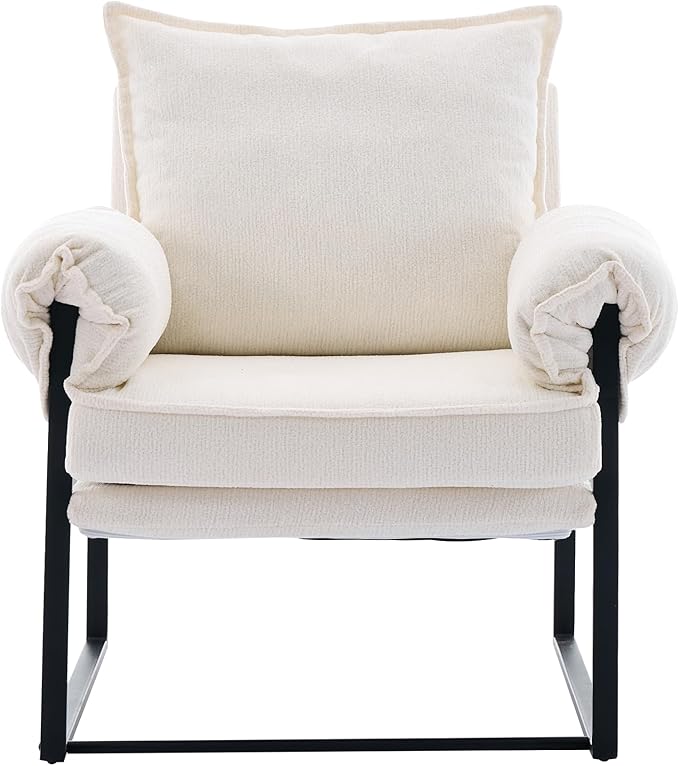 YISHENG Accent Chair with 6-Angle Adjustable Backrest, Chenille Fabric Living Room Chair Upholstered Lounge Chair, Modern Chair Cozy Reclining Chair for Reading Room, 1PC White