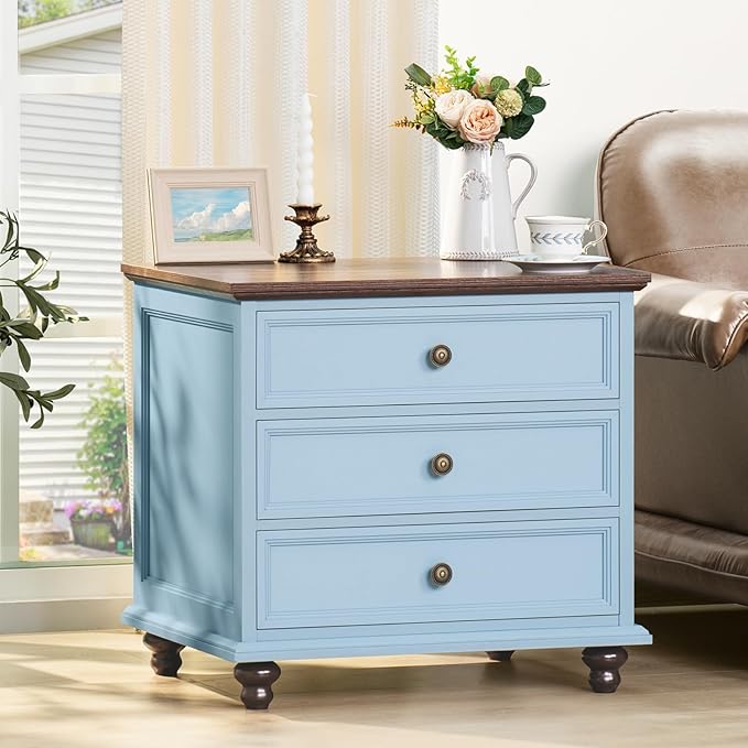 24" Wide Farmhouse Night Stand,Large End Table with 3 Drawers & Metal Handle,Wood Dresser for Bedroom, Bed Side Table Chest of Drawers Cabinet,Light Blue Nightstand for Living Room,Closet