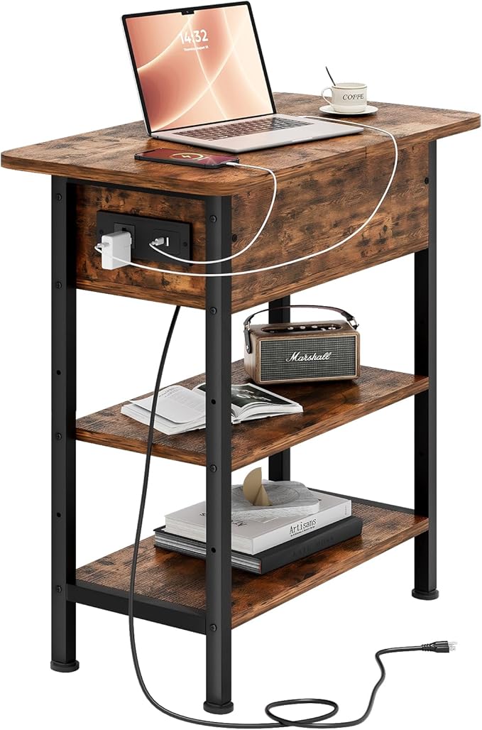 End Table with Charging Station, Flip Top Side Table with USB Ports and Outlets, 3-Tier Small Side Table with Storage for Small Space, End Tables for Living Room/Bedroom, Brown
