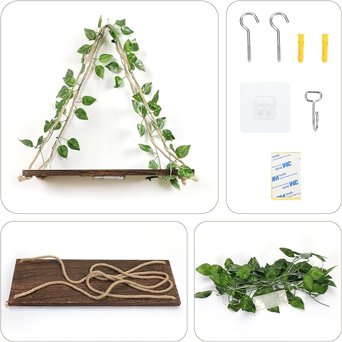 Floating Shelves for Wall,Plant Wall Decor,Hanging Shelf,Cottage Core Decor,Room Decor Aesthetic,Boho Room,Adhesive Shelves,Floating Shelves for No Drilling,Two-Piece Set(Green Leaf)