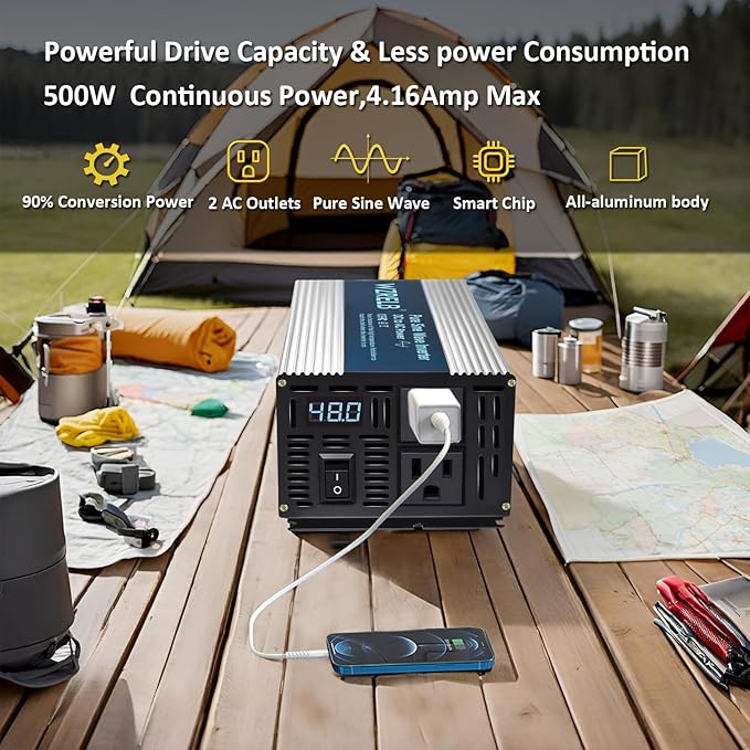 WZRELB 500W Pure Sine Wave Inverter 48V DC to 110V 120V AC Power Converter with LED Display, Off-Grid Portable Power Inverter with 2 AC Outlets for Home, RV, Truck, Camping