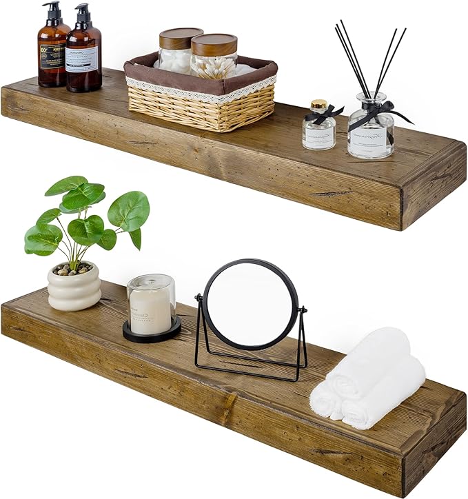 Floating Shelves 3 inch Thick for Wall Set of 2,Solid Pine Wood Wall Mount Shelf for Kitchen Living Room Bedroom Bathroom,8" D x 36" L x 3" H-Distressed Black Walnut