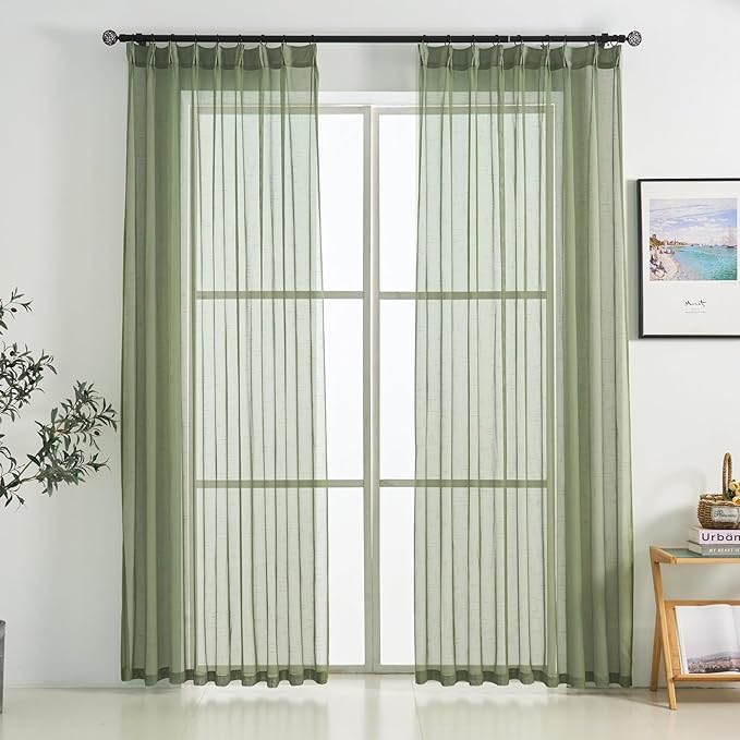 Sage Green Pinch Pleated Sheer Curtains 90 Inches Long 2 Panels, 50 Inches Width, Rustic Linen Look Light Filtering Drapes Decor, Thin Textured Transparent Window Curtain Panels