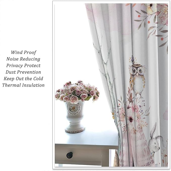 Forest Animal Curtains for Kids, Pink Watercolor Woodland Animal Window Treatments Fox Deer Owl Wildlife Safari Jungle Bear Window Drapes for Girls Nursery Toddler Bedroom 63x63in