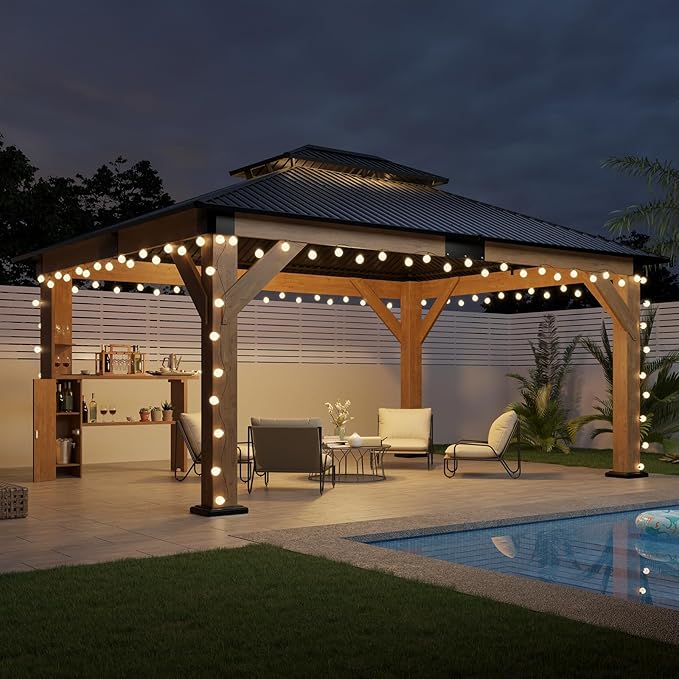 AMERLIFE 13x15 Hardtop Gazebo, Spruce Wood Gazebo with Storage Bar Counter, Outdoor Pavilion with Double Iron Roof, for Patio, Lawns, Garage, Black + Natural Wood