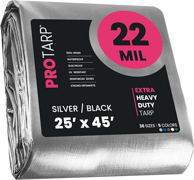 PROTARP Extreme Heavy Duty 22 Mil Tarp Cover, Waterproof, UV Resistant, Rip and Tear Proof, Poly Tarpaulin with Reinforced Edges for Roof, Camping, Patio, Pool, Boat. (Silver/Black 25′ X 45′)