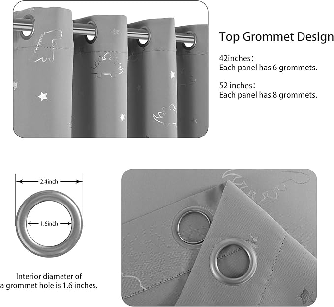 LORDTEX Dinosaur and Star Foil Print Blackout Curtains for Kids Room - Thermal Insulated Curtains Noise Reducing Window Drapes for Boys and Girls Bedroom, 42 x 84 Inch, Light Grey, Set of 2 Panels