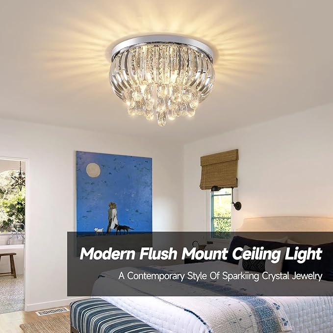 Modern Crystal Chandelier 15.7 Inch, 5-Lights Chrome Crystal Flush Mount LED K9