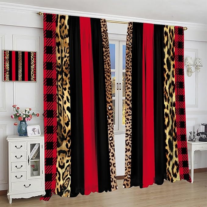 Leopard Skin Blackout Window Curtains, Brown Cheetah Red Black Plaid Stripe Print Window Drapes for Kids Boy Girls Bedroom Living Room 42" W X 45" L