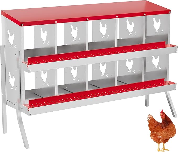 Heavy-Duty 10-Compartment Chicken Nesting Boxes with Roll Away Feature - Easy Clean Pull-Out Trays, Built-in Perch | Wall Mount/Free Standing Hen Laying Nests - Premium Poultry Egg Collection Solution