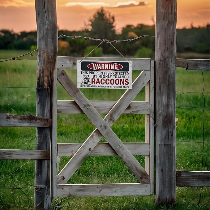 Funny Warning Signs, The Property is Protected By Highly Trained Raccoons Sign, Decorative Wood Hanging Wood Plaque, Raccoon Wall Decor, Backyard Decor, Home Garden Decor for Indoor Outdoor Use