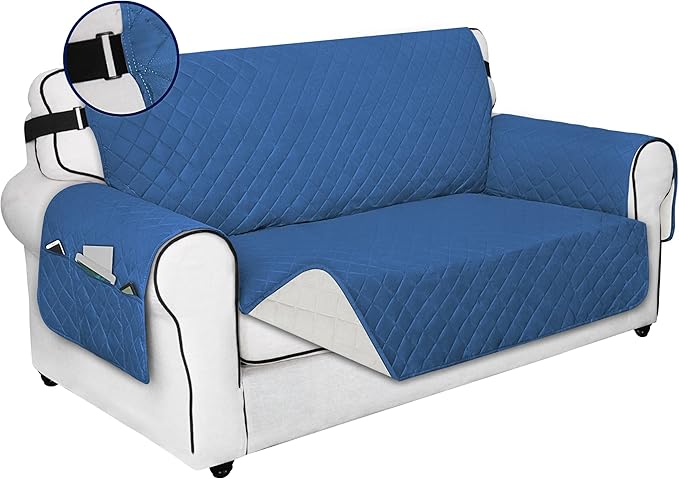 PureFit Reversible Sofa Cover Water Resistant Loveseat Couch Cover, Machine Washable Furniture Cover with Non-Slip Foam and Adjustable Strap for Dogs, Pets (Loveseat, Blue/Ivory)