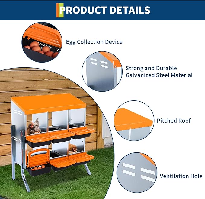Chicken Nesting Boxes, Roll Away Nesting Box 6 Hole Metal Chicken Egg with Leg for Chicken Coop, Swing Perch and Rollout Egg Collection, Orange