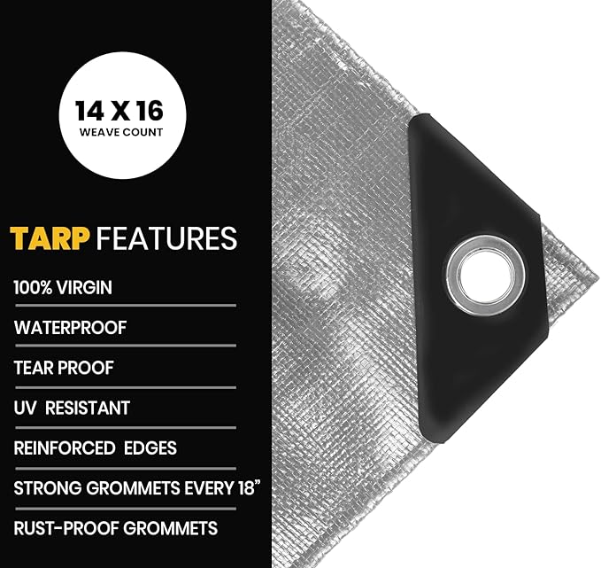 PROTARP Extra Heavy Duty 16 Mil Tarp Cover, Waterproof, UV Resistant, Rip and Tear Proof, Poly Tarpaulin with Reinforced Edges for Roof, Camping, Patio, Pool, Boat. (Silver/Black 20′ X 20′)