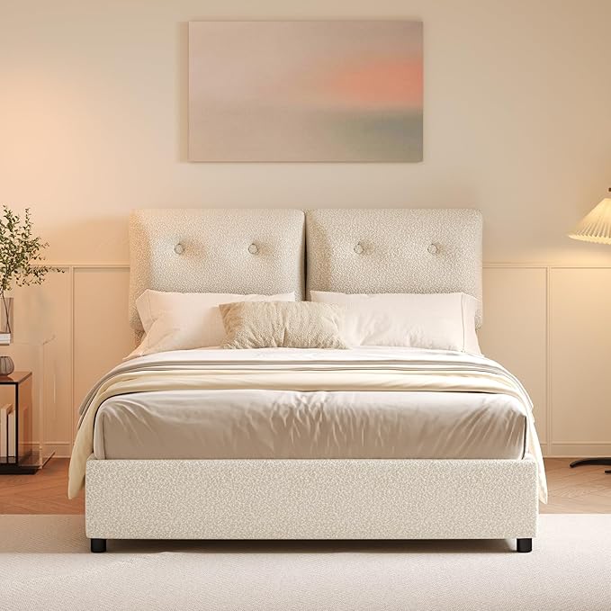Full Bed Frames,Breathable Boucle Fabric Upholstered Bed Frame with Headboard,Removable and Washable,Wood Slat Support,No Box Spring Needed,Easy Assembly,Beige