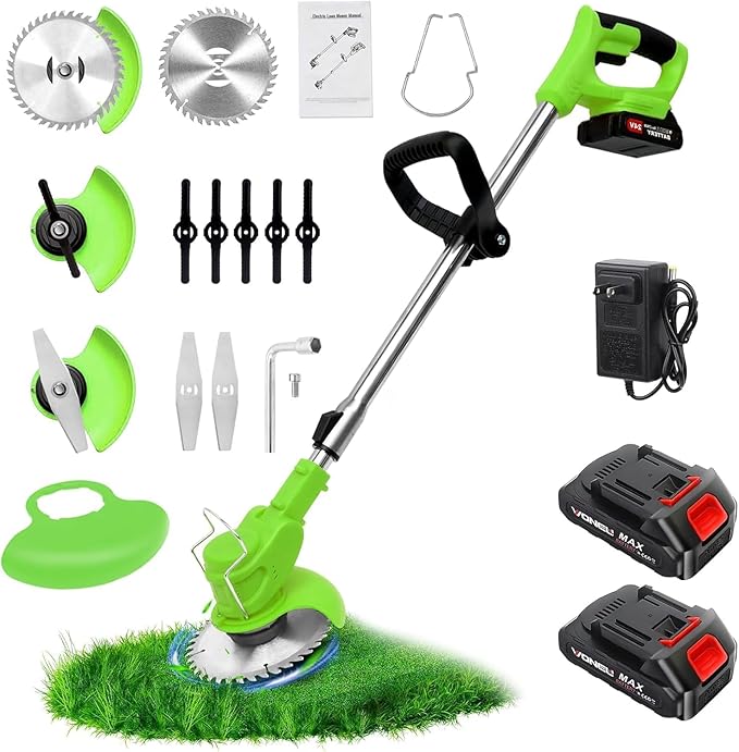 Electric Weed Wacker Cordless stringless,Grass Trimmer,with 2 Batteries, 1 Charger, 3 Types Blades, Weed Wacker Eater Battery Powered Lightweight Battery Weed Trimmer for Yard and Garden