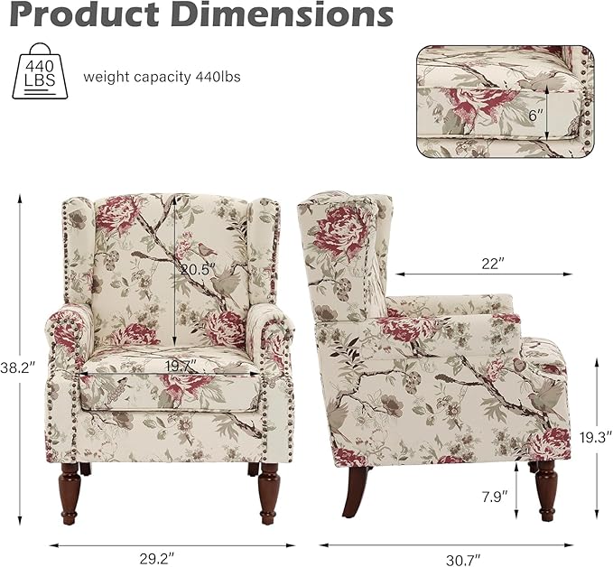 UIXE High Back Accent Chair, Fabric Upholstered Armchair for Living Room, Retro Wingback Arm Chair with Solid Wood Legs, Nailhead Trim Single Sofa Bedroom Reading Seat - Beige Floral