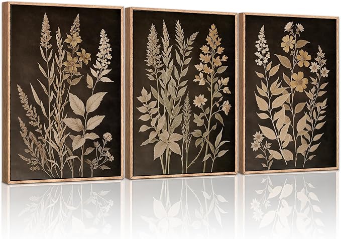HLNIUC Vintage Botanical Fern Framed Canvas Wall Art Set,Black and Tan Plant Leaf Wall Decor,Netural Minimalist Herb Floral Art Print,Modern Farmhouse Wall Painting for Living Room,Bedroom - 16”x24”x3