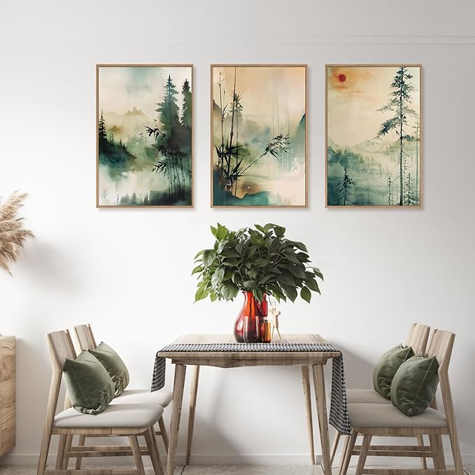 Chinoiserie Nature Framed Canvas Wall Art Set, Mountain and Forest Landscape Painting, Natural Bamboo Pine Tree Lakes Wall Decor for Living Room, Bedroom, Dining Room, Office - 16"x24"x3
