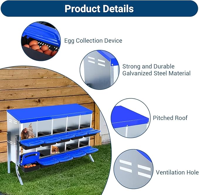 10-Hole Chicken Nesting Box with Removable Lid, Metal Chicken Coops with Roll Away Design/Easy Egg Collection/Ventilation Holes, for Chickens Coops, Duck and Hens