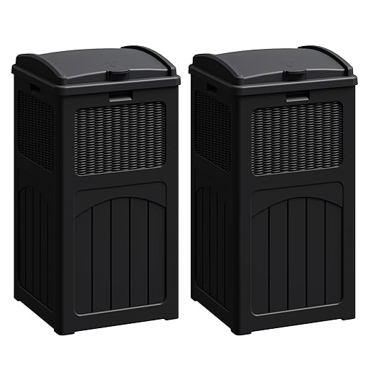 Flamaker 30 Gallon Trash Can, Resin Outdoor Garbage Can with Lid, Waterproof Hideaway Patio Waste Bins for Outside Use (2 Pack, Black)