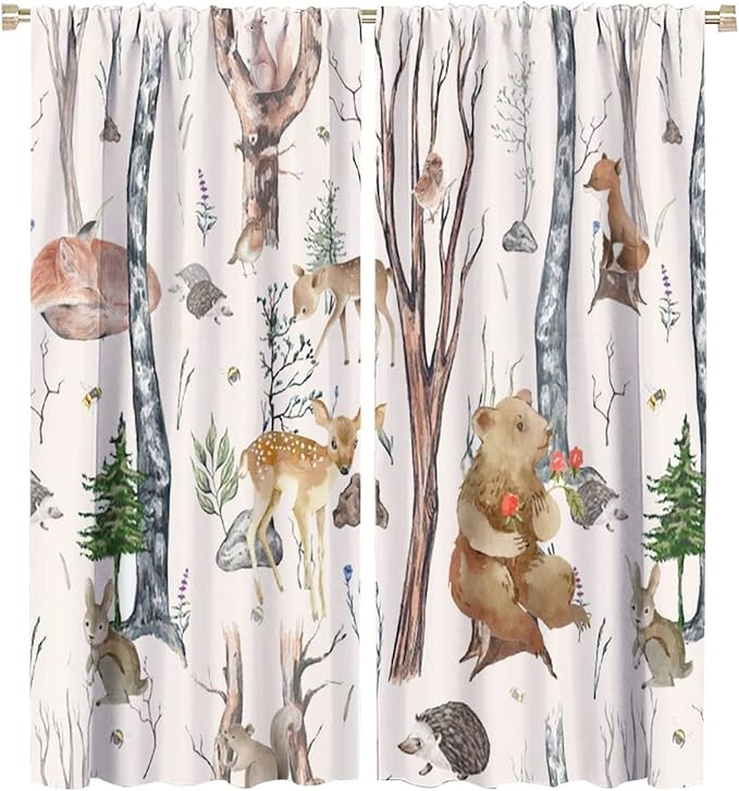 Rustic Forest Window Curtains Curtains, Woodland Animal Bear Deer Hedgehog Fox Squirrel Watercolor Blackout Rod Pocket Treatments Drapes for Boys Girls Bedroom 63x72in