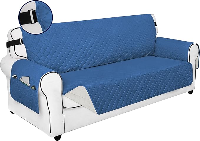 PureFit Reversible Sofa Couch Cover Water Resistant Couch Covers for 3 Cushion, Washable Furniture Cover with Non-Slip Foam and Adjustable Strap for Dogs, Pets (Sofa, Blue/Ivory)