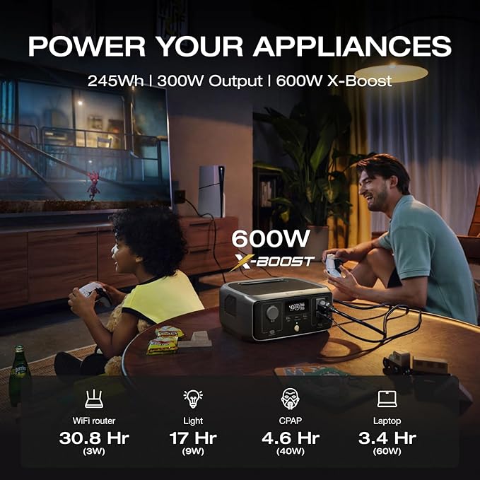 EF ECOFLOW Portable Power Station RIVER 3, 245Wh LiFePO4 Battery Power Station, 300W Up to 600W AC Output, <20 MS UPS & <30 dB, 1Hr Fast Charging Solar Generator for Outdoor/Camping/Home Use