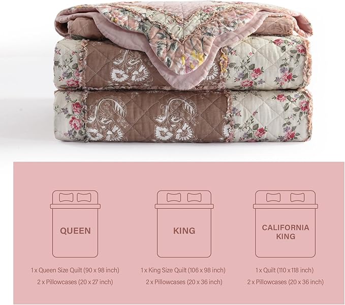 NEWLAKE Quilt Set King Size, Cotton Patchwork Pink Floral Quilt Sets, Real Stitched Embroidery Bedspread Lightweight and Breathable for All Seasons, Soft Quilted with 2 Pillow Shams