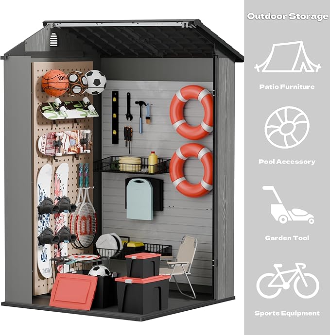 Devoko 4x4 FT Outdoor Shed, Compact & Secure Plastic Resin Storage with Lockable Door, Features Built-in Floor & Window for All-Weather Garden, Patio, and Poolside Organization, Deep Gray