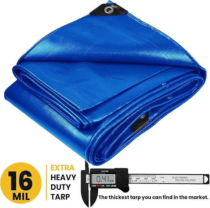 PROTARP Extra Heavy Duty 16 Mil Tarp Cover, Waterproof, UV Resistant, Rip and Tear Proof, Poly Tarpaulin with Reinforced Edges for Roof, Camping, Patio, Pool, Boat. (Blue 25′ X 40′)