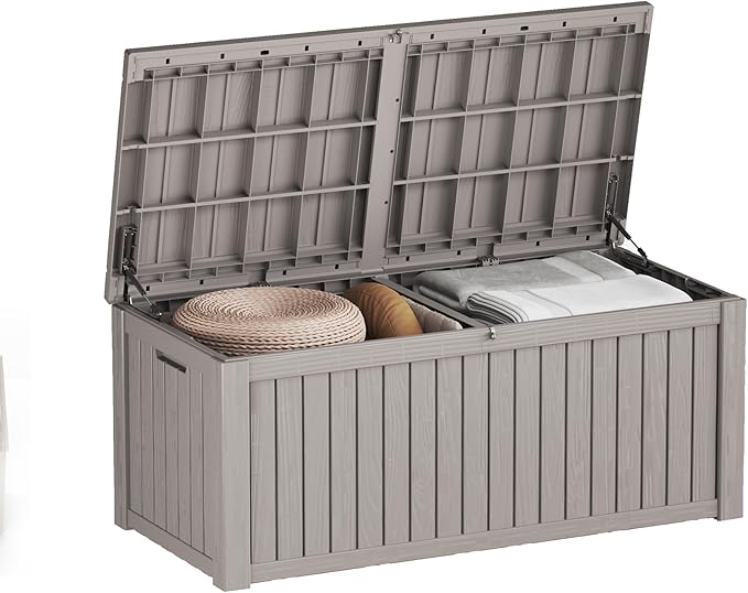 150 Gallon Resin Deck Box, Waterproof Outdoor Storage Bin for Patio Furniture, Pool Accessories, and Garden Tools, Lockable & UV-Resistant, Grey