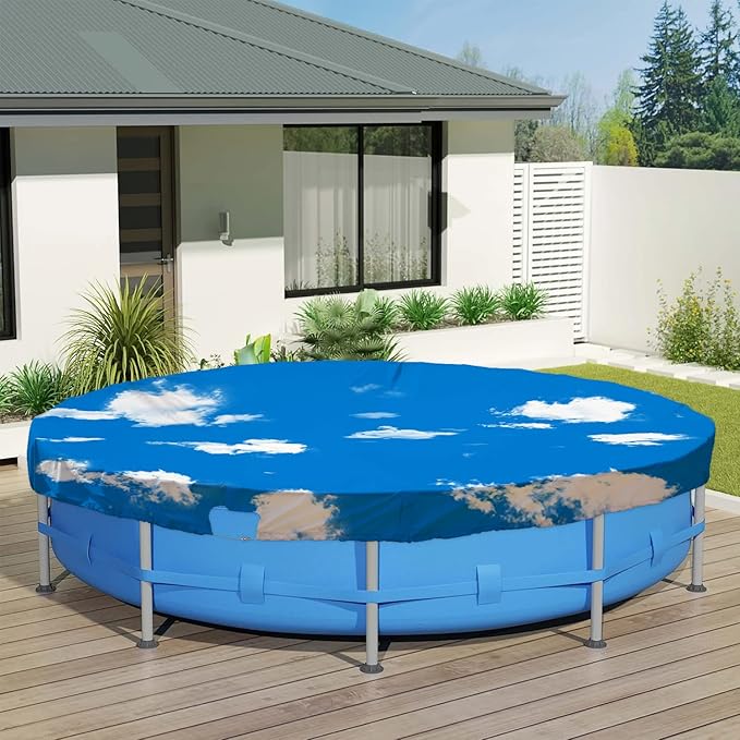 ECOOPTS 20 ft Waterproof Round Polyester Pool Cover for Above Ground Pools, Swimming Pool Cover Protector Winter Safety Cover (Blue Sky)