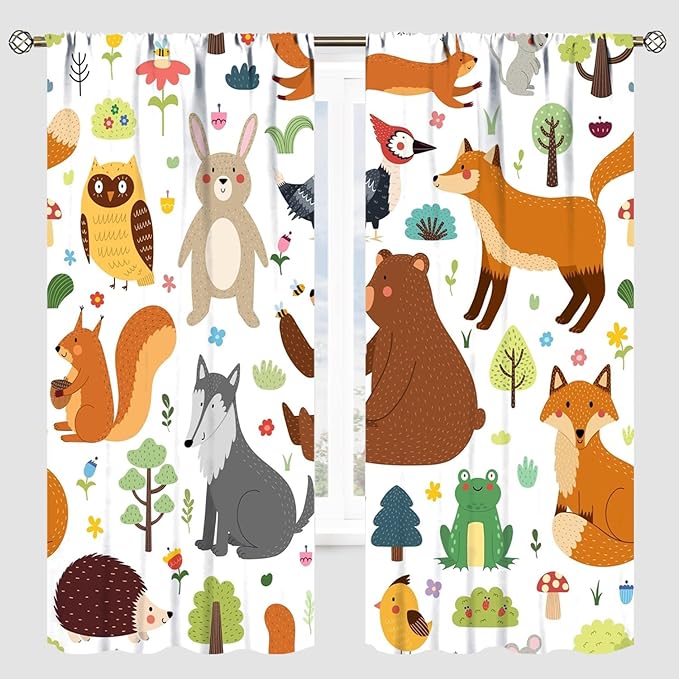 Kids Safari Animals Curtains, Baby Boy Girl Rustic Woodland Printed Cartoon Forest Window Treatments for Bedroom Living Room Nursery 2 Panels Sets, 84x84 Inch