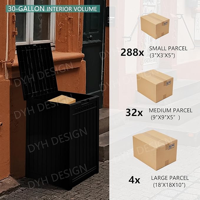 55 Gallon Black Resin Deck Box - Lockable, Waterproof Outdoor Storage for Packages & Patio Essentials - Rustproof Utility Box with Handles for Porches, Pools & Backyards