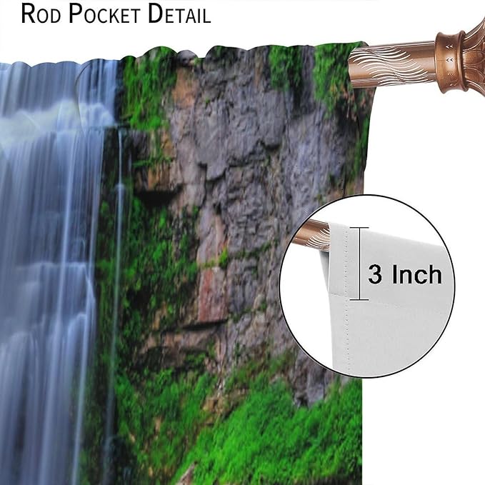Nature Scenery Waterfall Blackout Curtains, Forest Waterfall Landscape Green Jungle Stone Falls Print Pattern Rod Pocket Window Drapes, for Bedroom Living Room 42" W X 45" L