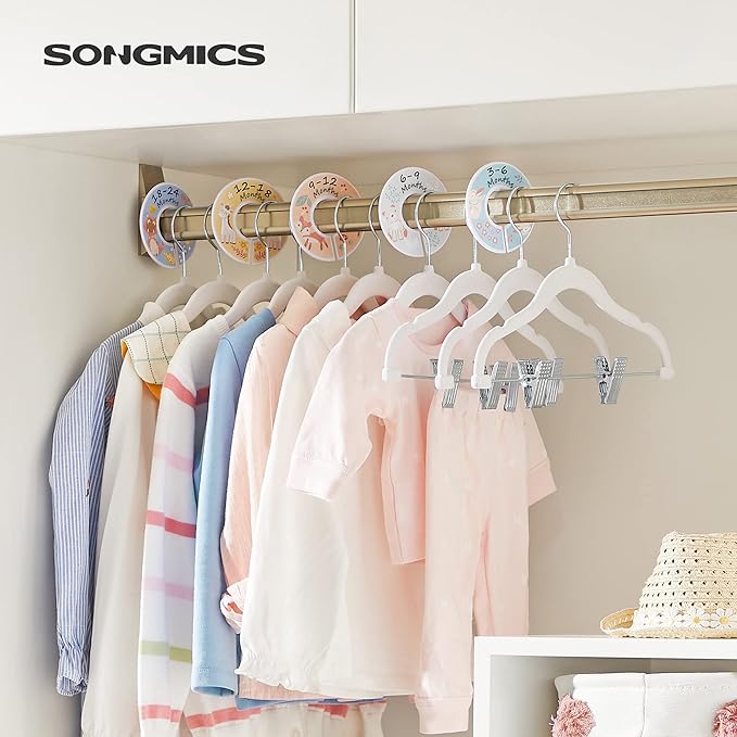SONGMICS 30 Packs Baby Pants Hangers with Clips, Kids Hangers with 6 Clothes Dividers, Non-Slip Children’s Clothes Hanger, White UCRF013W30
