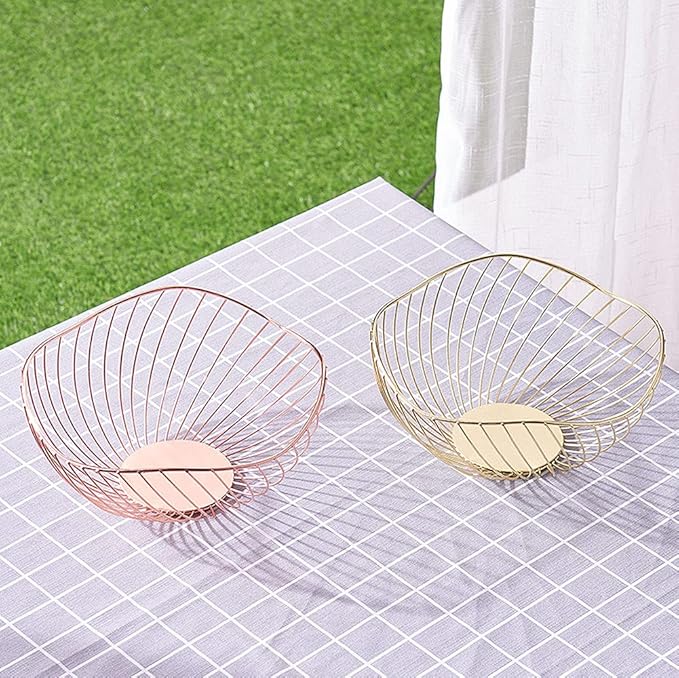 IBWell High Style Curved-Edge Modern Creative Stylish Single Tier Dish,Metal Iron Wire Fruit Vegetables Bread Decorative Stand Serving Bowls Basket Holder (Rose Gold-Twill)