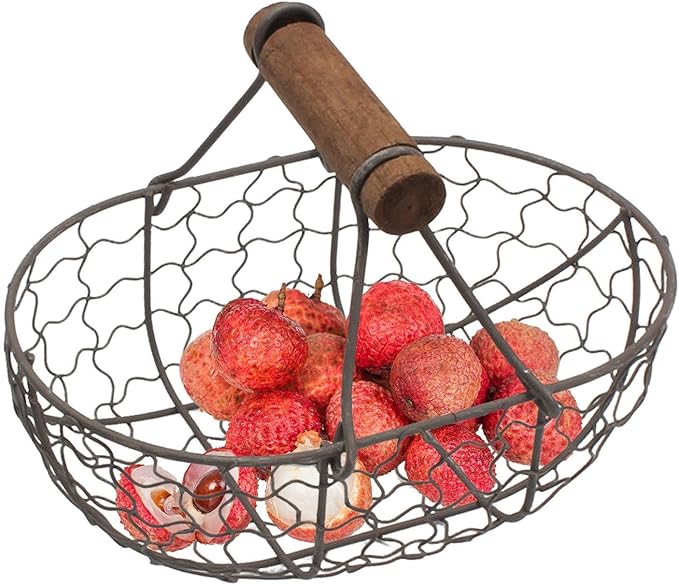 Farmhouse Egg Basket - Wooden Handle Container for collecting and storing eggs, versatile picnic farm bucket for children, boys, girls, outdoor use, perfect for camping, gardening, home eg