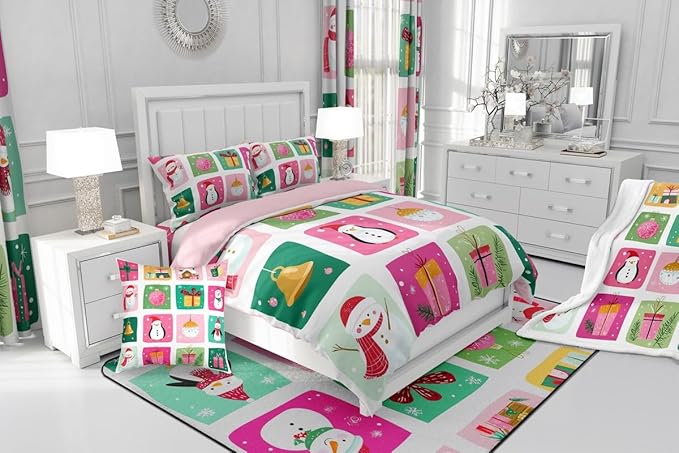 Feelyou Happy New Year Bedding Set Soft for Boys Girls, Christmas Decor Comforter Set Queen Size Merry Christmas Duvet Quilt Microfiber Winter Penguin Bedroom Decor 3 Pcs with 2 Pillow Cases