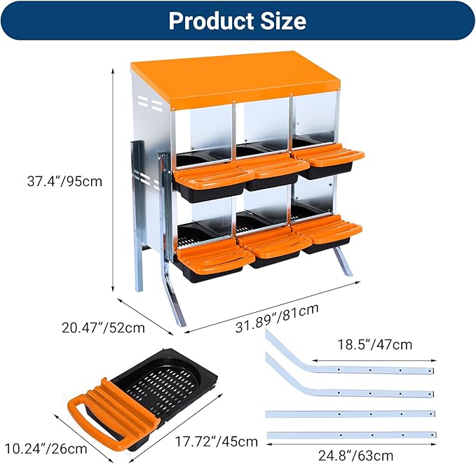 GarveeLife Chicken Nesting Box, 6 Compartments Nesting Boxes for Chickens, Chicken Laying Boxes with Legs, Roll Away Nesting Box for Chickens Laying Egg with Lid Cover to Protect Eggs, Orange